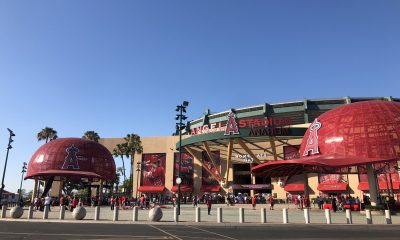 The Angels Stadium of Anaheim on July 26, 2019. A memorial set up outside the stadium entrance mourns the loss of pitcher Tyler Skaggs, who died of an opioid overdose on July 1, 2019. (Photo by Lindsey Bartlett/Marijuana Moment)
