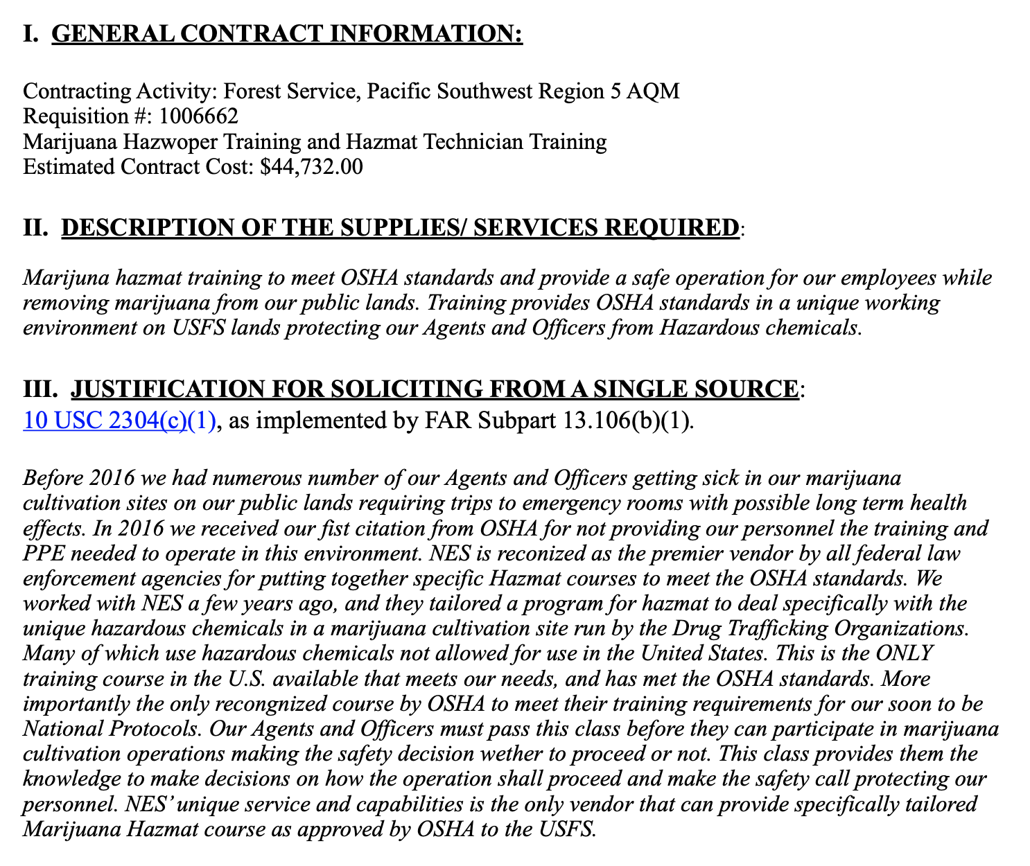 Forest Service HAZMAT marijuana contract document