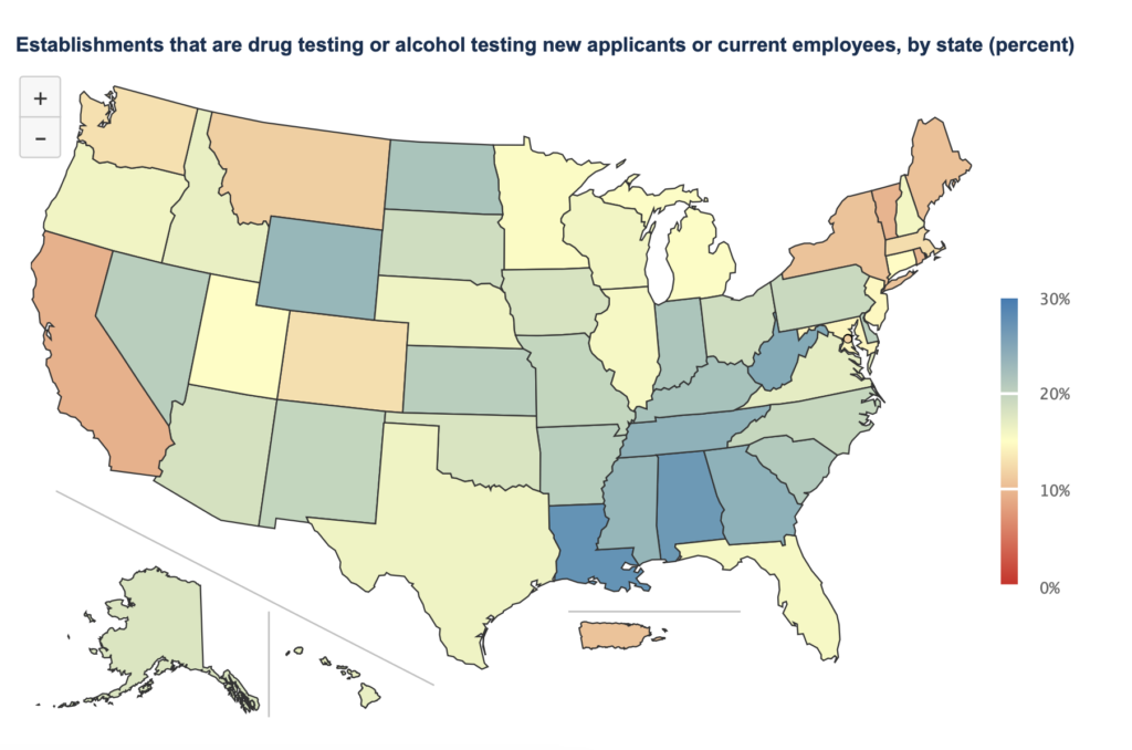 Map showing states by rate of establishments testing workers for drugs or alcohol