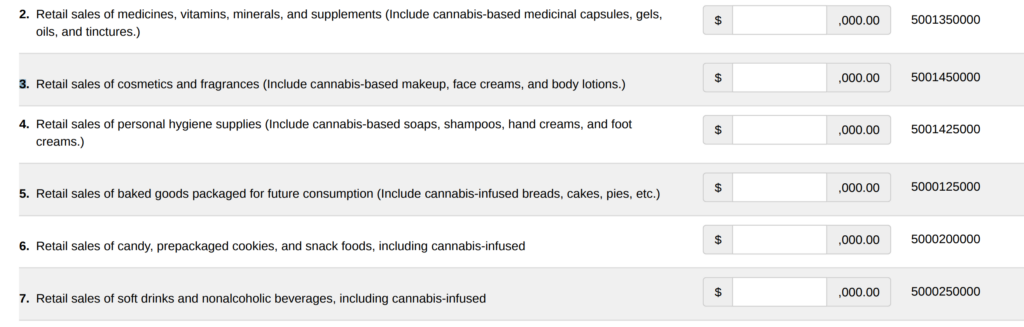A selection of Census questions asking about retail products that may include cannabis