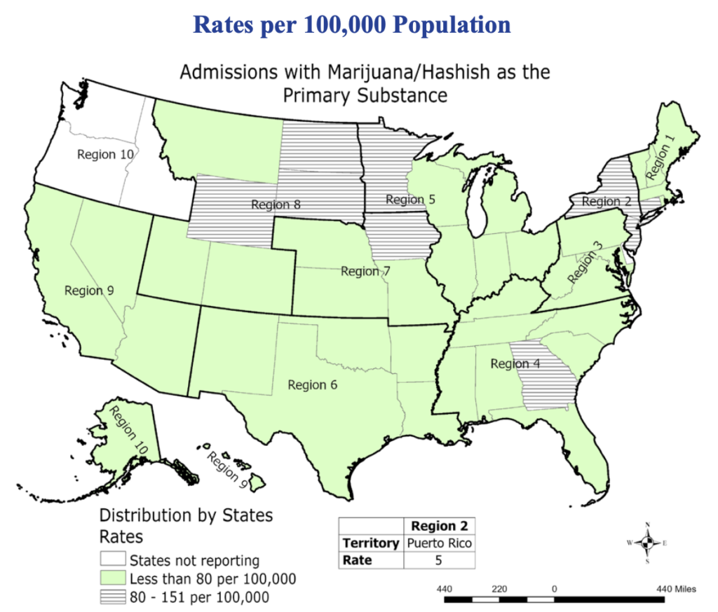 Treatment admission rates with marijuana/hashish listed as the primary substance, per 100,000 population