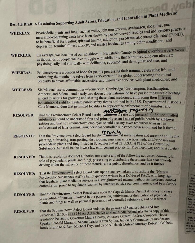 Photo of Provincetown Select Board resolution on psychedelics and drug possession